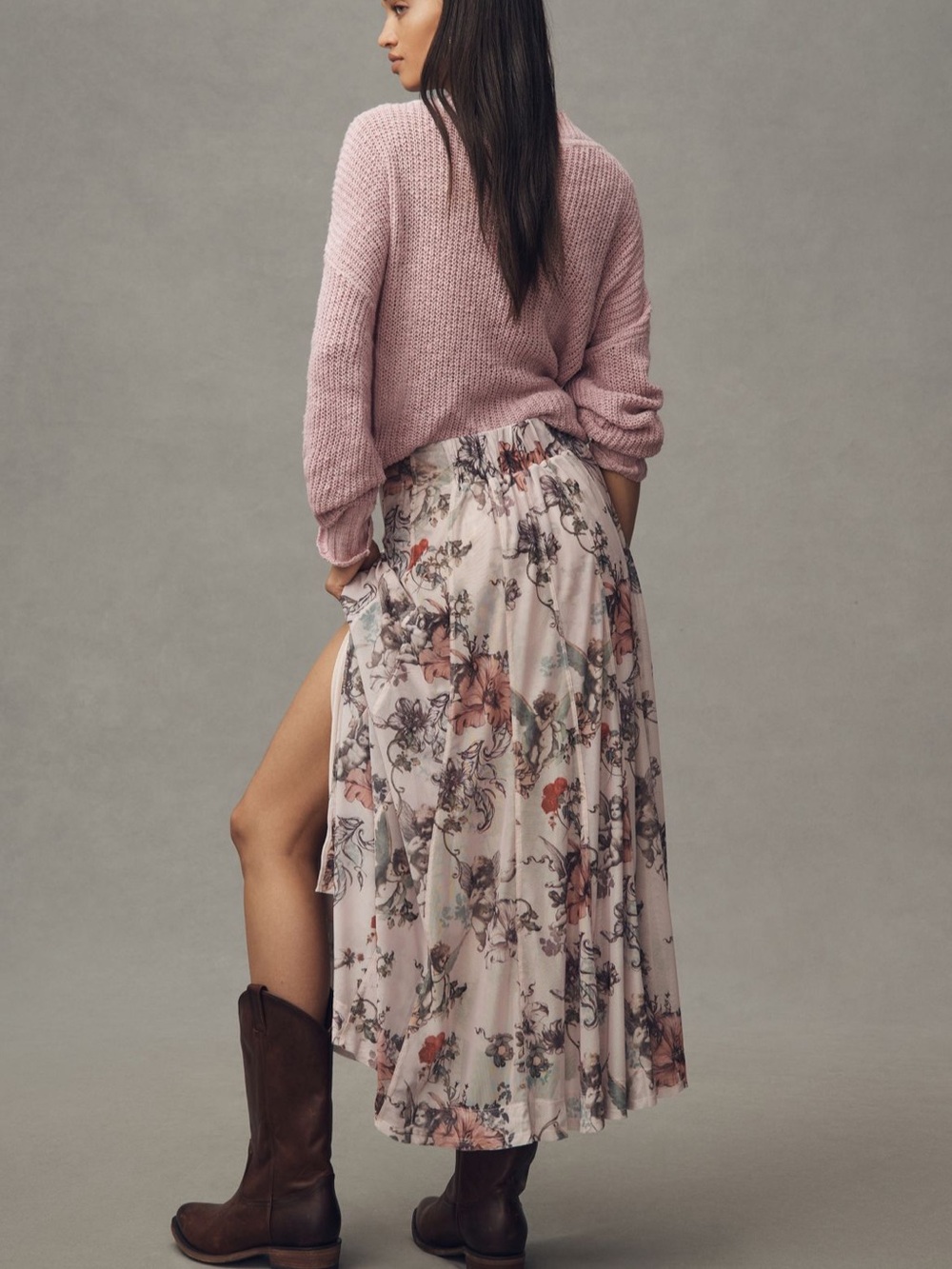 BOGO! Anthropologie Pilcro Mesh Seamed Midi Skirt French Neutral Floral Small - Picture 2 of 10